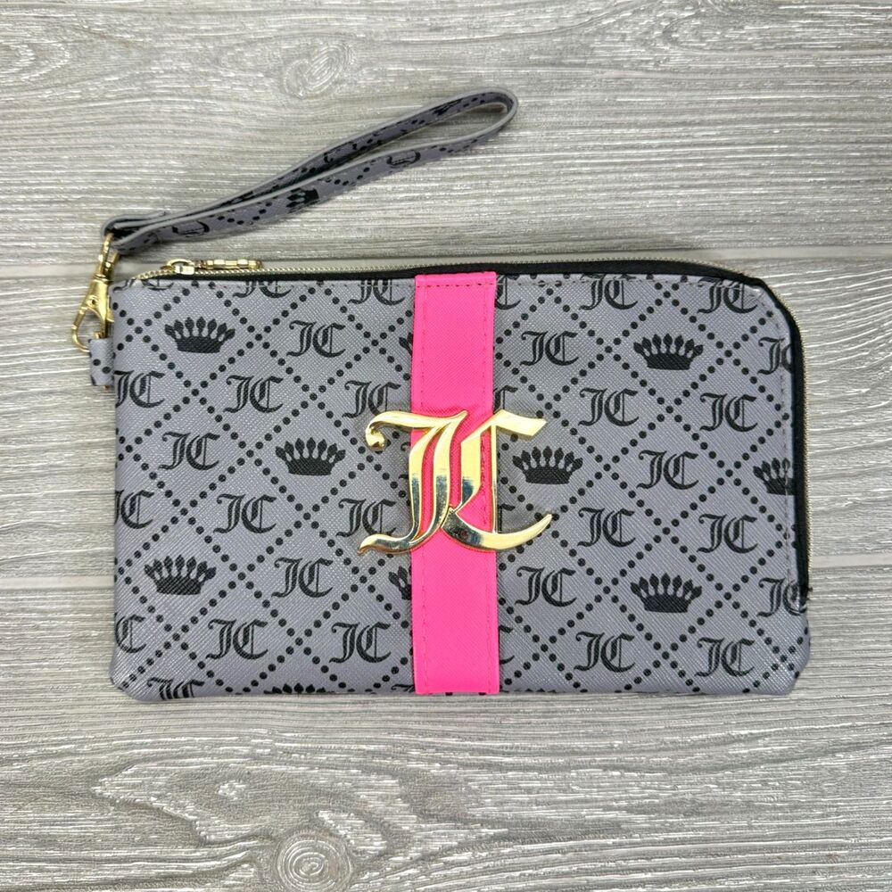 Juicy Couture Grey Monogram Pink Charging Cosmetic Beauty Bag Wristlet Pouch